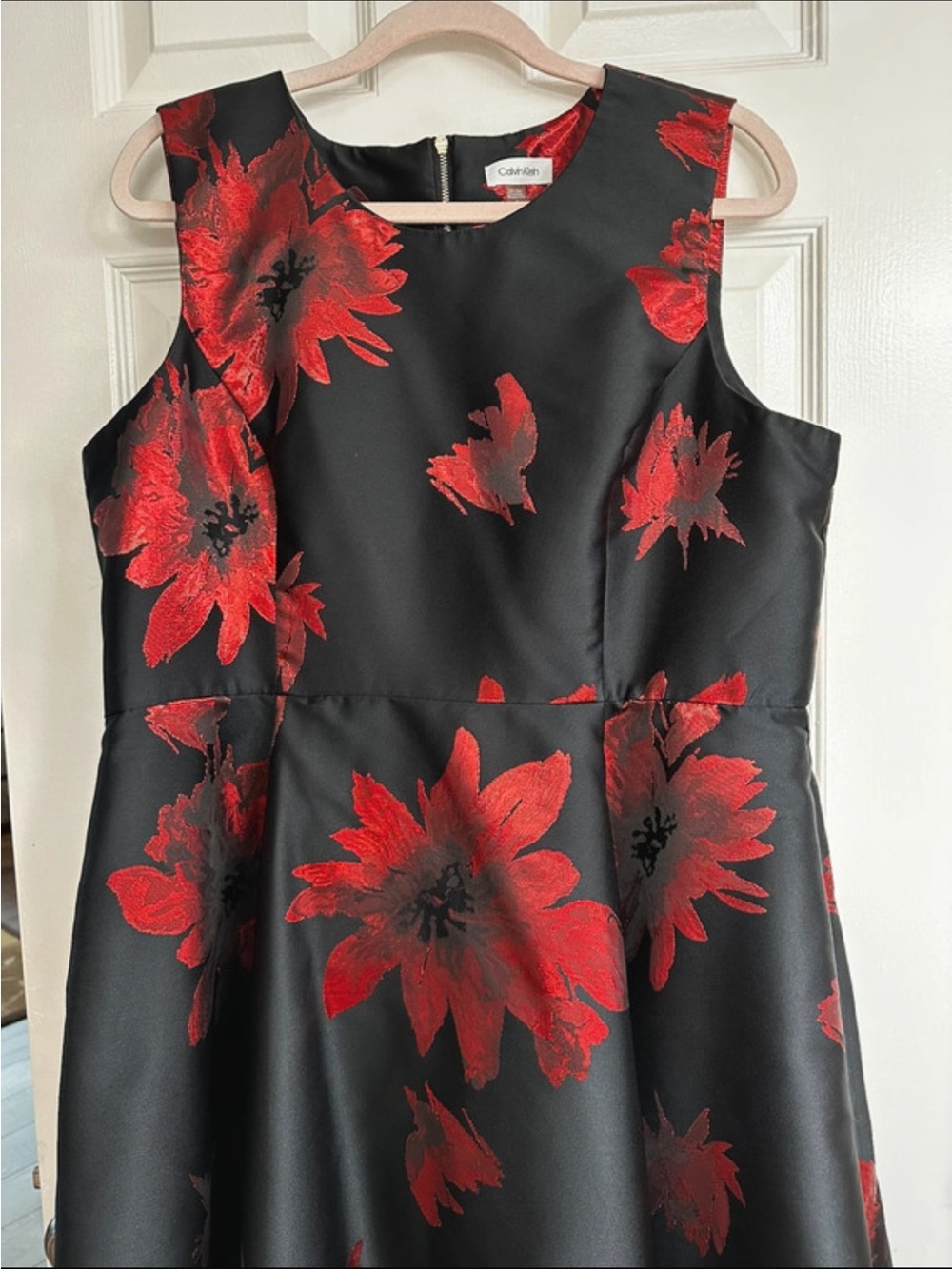 Calvin Klein Black and Red Satin Dress with Floral Detail - Picture 2 of 9